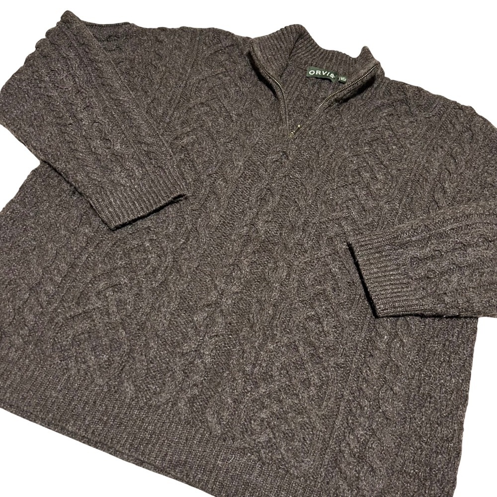 VTG Orvis Fisherman's Sweater Mens XL Brown Cable Knit 100% Wool Made in Ireland